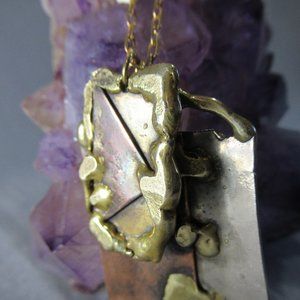 Brutalist Dog Tags, Sterling Silver & Mixed Metals Post Modern Long Pendant